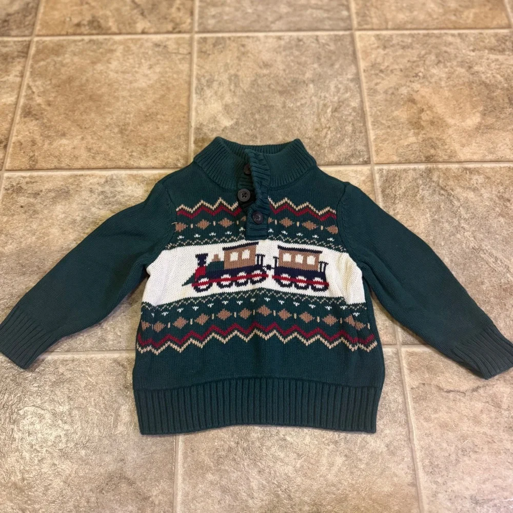 The Childrens Place Kids Green Fair Isle Train Knit Button Mock Sweater 9-12M